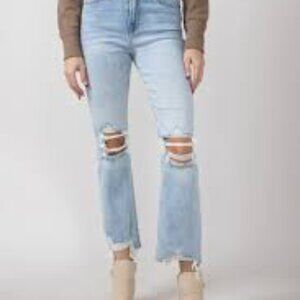 Hidden Happi Distressed Knee Crop Flare Denim Jeans Women size 3 / 26